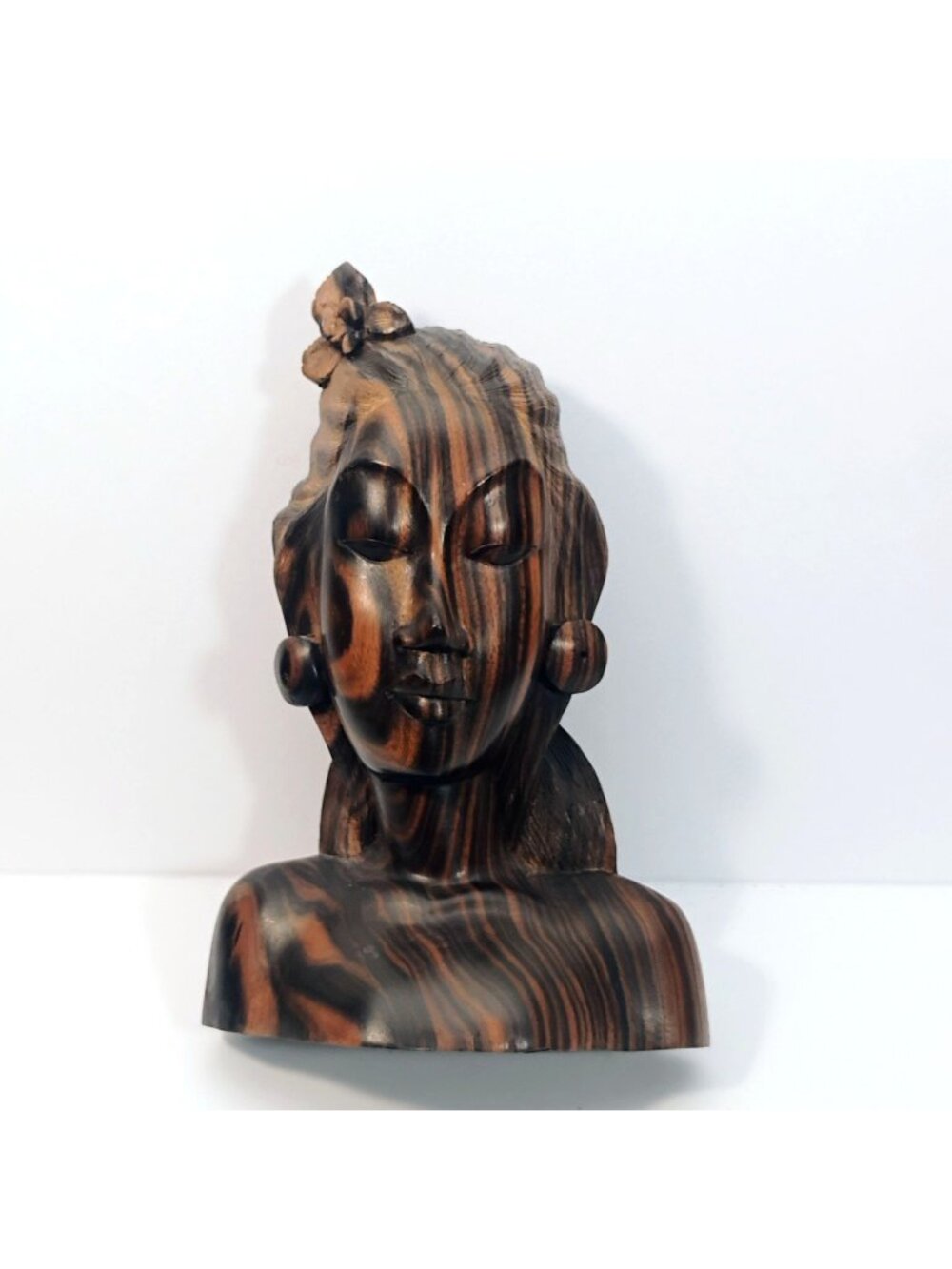 Vtg Hand Carved Balinese Ebony Wood Woman Bust w/Flower in Her Hair 7.5"